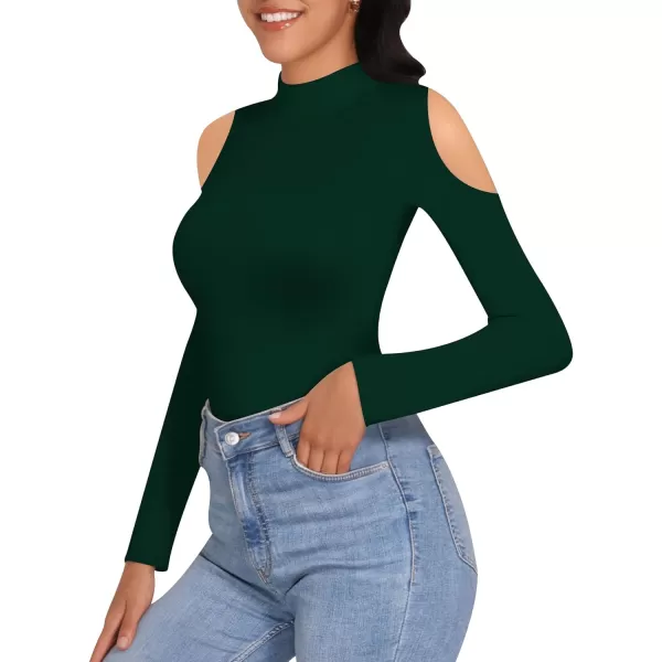 MANGOPOP Long Sleeve Body Suits for Womens Turtleneck Bodysuit Going Out Tops with Sexy Shoulder CutoutDeep Green