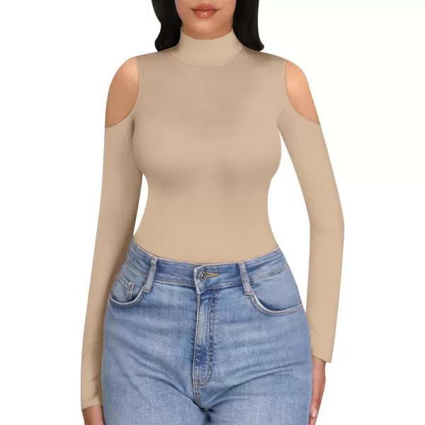 MANGOPOP Long Sleeve Body Suits for Womens Turtleneck Bodysuit Going Out Tops with Sexy Shoulder CutoutNude