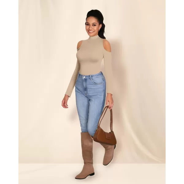 MANGOPOP Long Sleeve Body Suits for Womens Turtleneck Bodysuit Going Out Tops with Sexy Shoulder CutoutNude