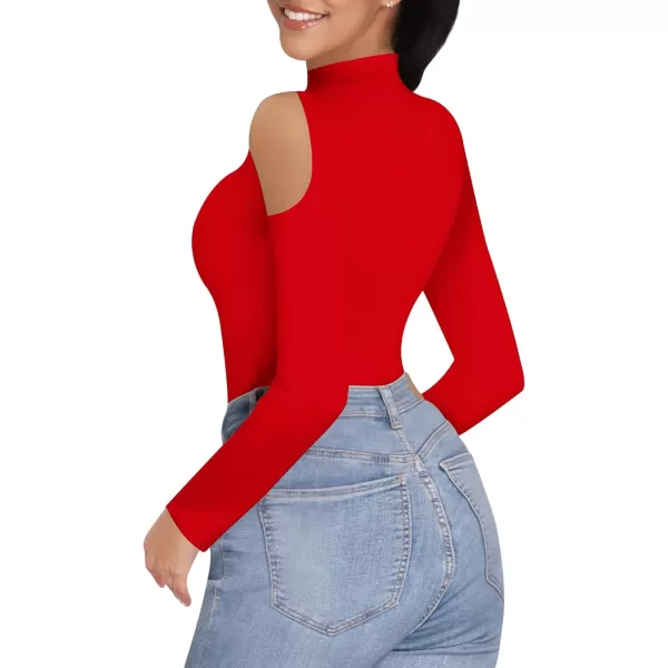 MANGOPOP Long Sleeve Body Suits for Womens Turtleneck Bodysuit Going Out Tops with Sexy Shoulder CutoutRed