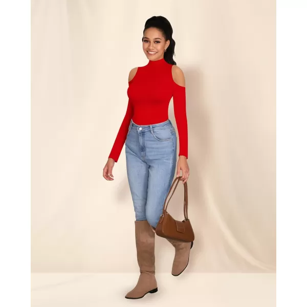 MANGOPOP Long Sleeve Body Suits for Womens Turtleneck Bodysuit Going Out Tops with Sexy Shoulder CutoutRed