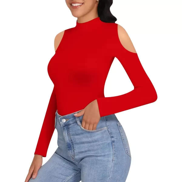 MANGOPOP Long Sleeve Body Suits for Womens Turtleneck Bodysuit Going Out Tops with Sexy Shoulder CutoutRed