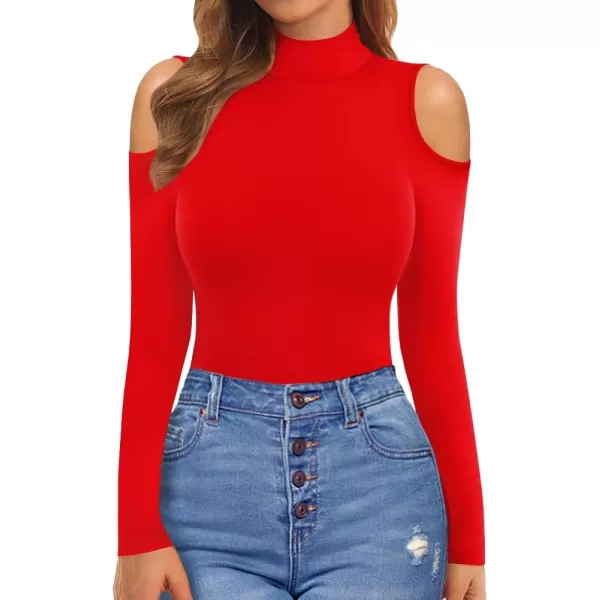 MANGOPOP Long Sleeve Body Suits for Womens Turtleneck Bodysuit Going Out Tops with Sexy Shoulder CutoutRed