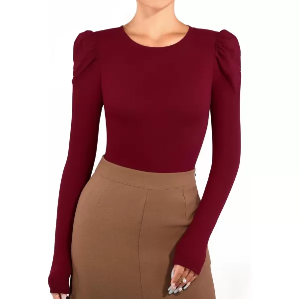 MANGOPOP Long Sleeve Bodysuit for Women Crew Neck Puff Lace Sleeve Body Suit Going Out Ribbed Tops Shirts ElegantLong Sleeve Burgundy