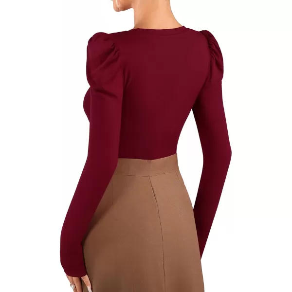 MANGOPOP Long Sleeve Bodysuit for Women Crew Neck Puff Lace Sleeve Body Suit Going Out Ribbed Tops Shirts ElegantLong Sleeve Burgundy