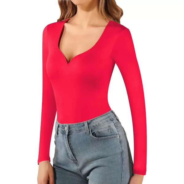 MANGOPOP Long Sleeve Bodysuits for Women Sweetheart Neck Body Suit Top Bodysuit Women Fitted Going Out Body Suit ShirtsLong Sleeve Red