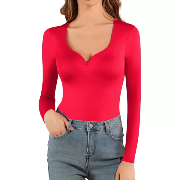 MANGOPOP Long Sleeve Bodysuits for Women Sweetheart Neck Body Suit Top Bodysuit Women Fitted Going Out Body Suit ShirtsLong Sleeve Red