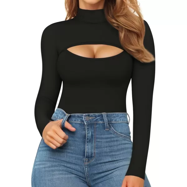 MANGOPOP Mock Neck Cutout Front T Shirt Long Sleeve Short Sleeve Bodysuit for WomenA Long Sleeve Black