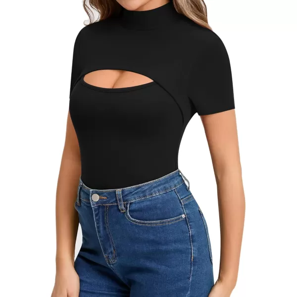 MANGOPOP Mock Neck Cutout Front T Shirt Long Sleeve Short Sleeve Bodysuit for WomenB Short Sleeve Black