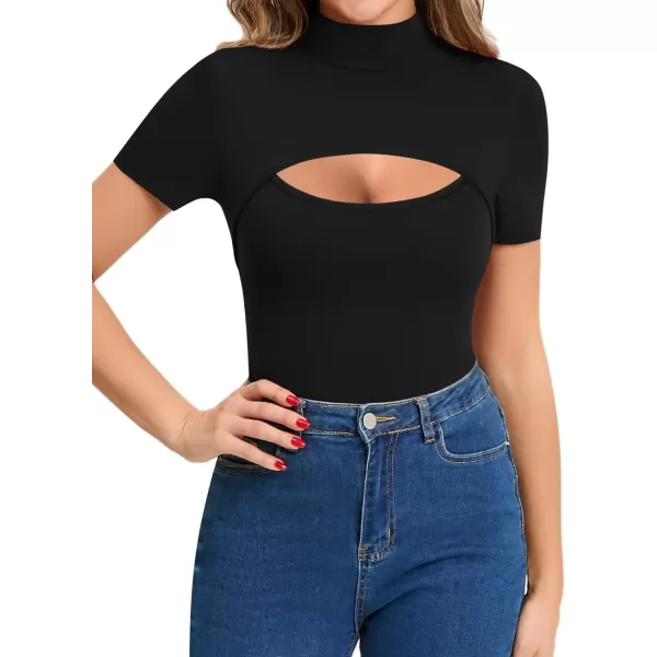 MANGOPOP Mock Neck Cutout Front T Shirt Long Sleeve Short Sleeve Bodysuit for WomenB Short Sleeve Black