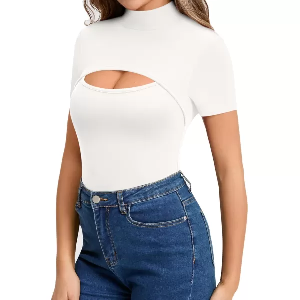 MANGOPOP Mock Neck Cutout Front T Shirt Long Sleeve Short Sleeve Bodysuit for WomenB Short Sleeve White