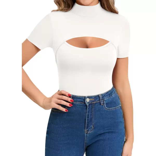 MANGOPOP Mock Neck Cutout Front T Shirt Long Sleeve Short Sleeve Bodysuit for WomenB Short Sleeve White