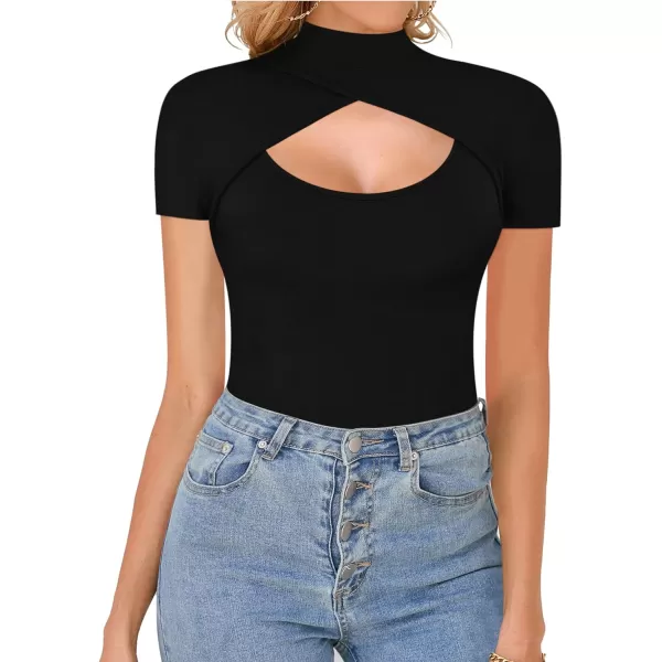 MANGOPOP Mock Neck Cutout Front T Shirt Long Sleeve Short Sleeve Bodysuit for WomenC Cross Wrap Black