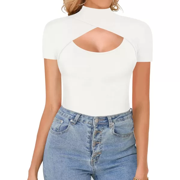 MANGOPOP Mock Neck Cutout Front T Shirt Long Sleeve Short Sleeve Bodysuit for WomenC Cross Wrap White