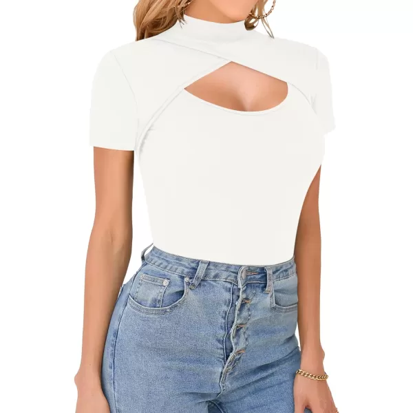 MANGOPOP Mock Neck Cutout Front T Shirt Long Sleeve Short Sleeve Bodysuit for WomenC Cross Wrap White