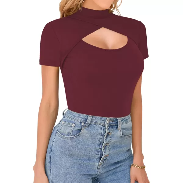 MANGOPOP Mock Neck Cutout Front T Shirt Long Sleeve Short Sleeve Bodysuit for WomenCross Wrap Burgundy