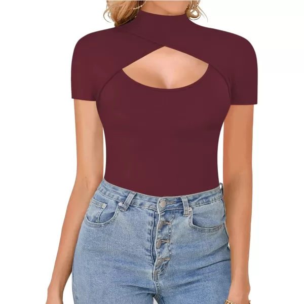 MANGOPOP Mock Neck Cutout Front T Shirt Long Sleeve Short Sleeve Bodysuit for WomenCross Wrap Burgundy