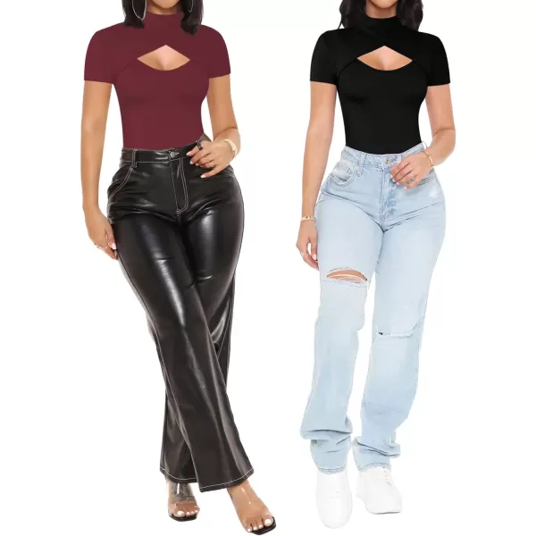 MANGOPOP Mock Neck Cutout Front T Shirt Long Sleeve Short Sleeve Bodysuit for WomenCross Wrap Burgundy