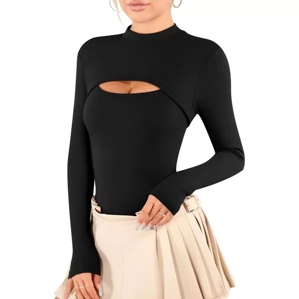 MANGOPOP Mock Neck Cutout Front T Shirt Long Sleeve Short Sleeve Bodysuit for WomenD Long Sleeve Black Fleece Lined