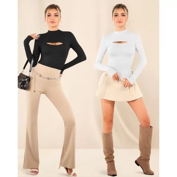 MANGOPOP Mock Neck Cutout Front T Shirt Long Sleeve Short Sleeve Bodysuit for WomenD Long Sleeve White Fleece Lined