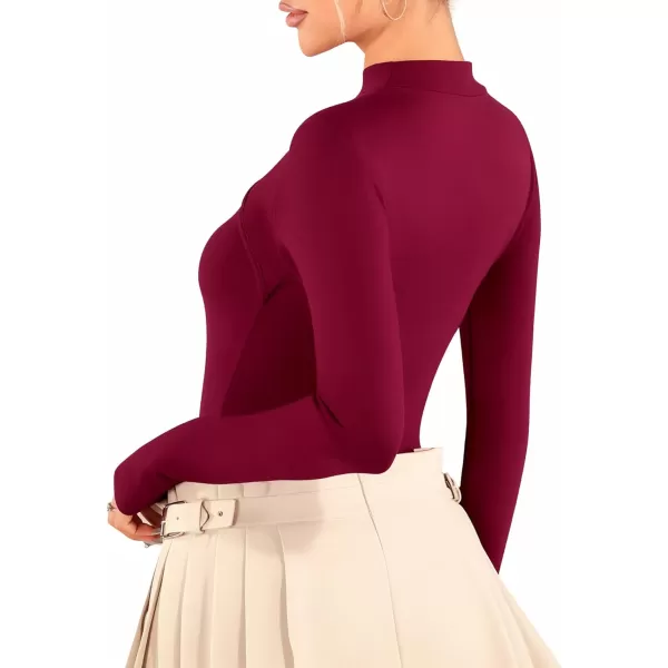 MANGOPOP Mock Neck Cutout Front T Shirt Long Sleeve Short Sleeve Bodysuit for WomenLong Sleeve Burgundy Fleece Lined