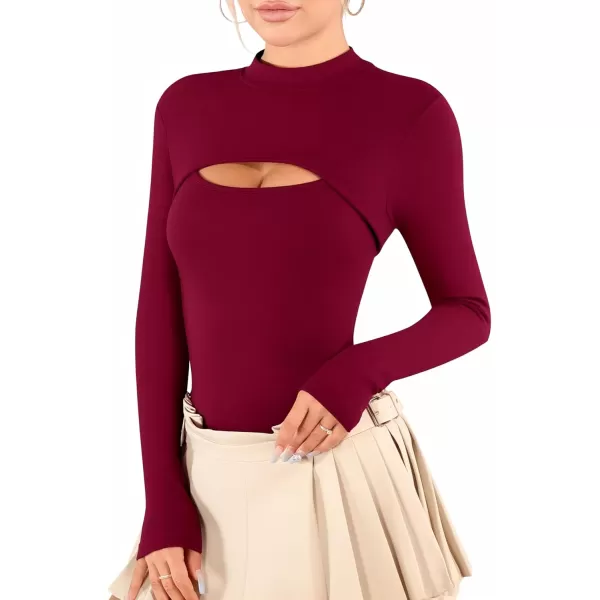 MANGOPOP Mock Neck Cutout Front T Shirt Long Sleeve Short Sleeve Bodysuit for WomenLong Sleeve Burgundy Fleece Lined