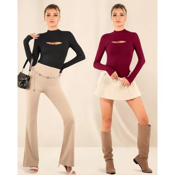 MANGOPOP Mock Neck Cutout Front T Shirt Long Sleeve Short Sleeve Bodysuit for WomenLong Sleeve Burgundy Fleece Lined