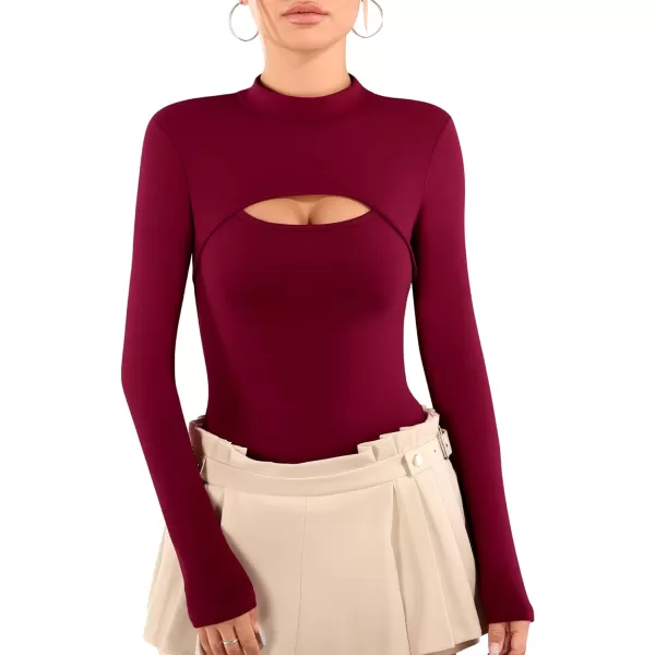 MANGOPOP Mock Neck Cutout Front T Shirt Long Sleeve Short Sleeve Bodysuit for WomenLong Sleeve Burgundy Fleece Lined