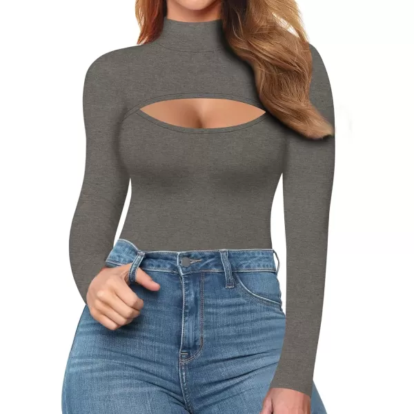 MANGOPOP Mock Neck Cutout Front T Shirt Long Sleeve Short Sleeve Bodysuit for WomenLong Sleeve Dark Heather Grey