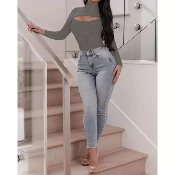 MANGOPOP Mock Neck Cutout Front T Shirt Long Sleeve Short Sleeve Bodysuit for WomenLong Sleeve Dark Heather Grey