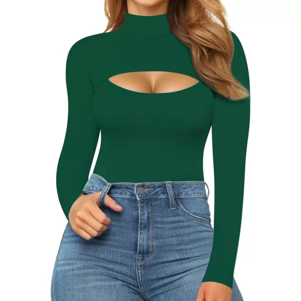 MANGOPOP Mock Neck Cutout Front T Shirt Long Sleeve Short Sleeve Bodysuit for WomenLong Sleeve Deep Green