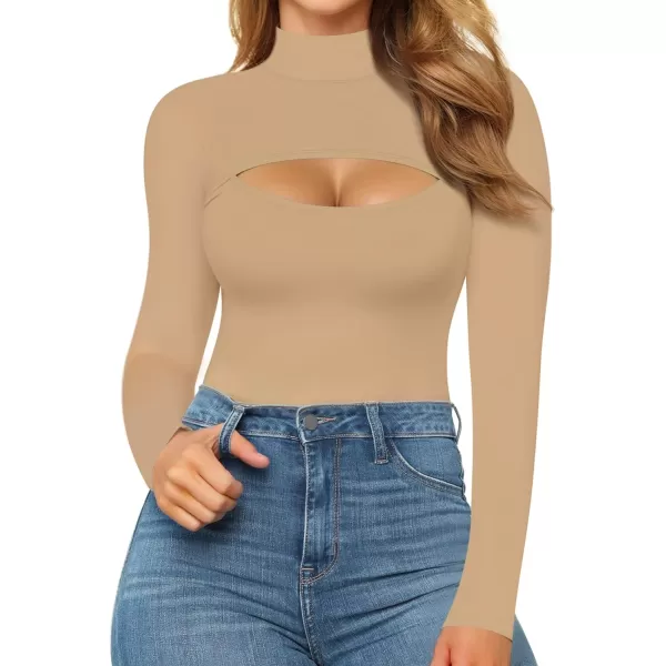 MANGOPOP Mock Neck Cutout Front T Shirt Long Sleeve Short Sleeve Bodysuit for WomenLong Sleeve Mocha