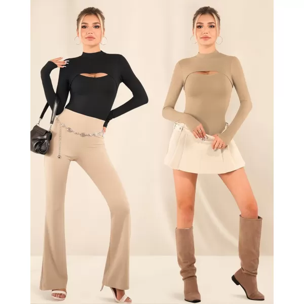 MANGOPOP Mock Neck Cutout Front T Shirt Long Sleeve Short Sleeve Bodysuit for WomenLong Sleeve Mocha Fleece Lined