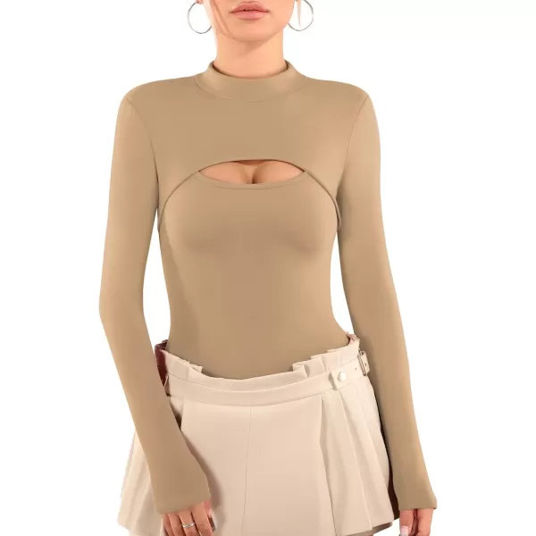 MANGOPOP Mock Neck Cutout Front T Shirt Long Sleeve Short Sleeve Bodysuit for WomenLong Sleeve Mocha Fleece Lined