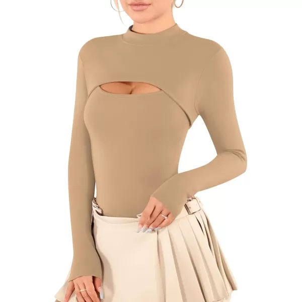 MANGOPOP Mock Neck Cutout Front T Shirt Long Sleeve Short Sleeve Bodysuit for WomenLong Sleeve Mocha Fleece Lined