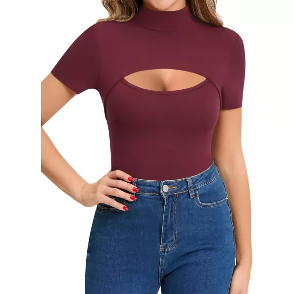 MANGOPOP Mock Neck Cutout Front T Shirt Long Sleeve Short Sleeve Bodysuit for WomenShort Sleeve Burgundy