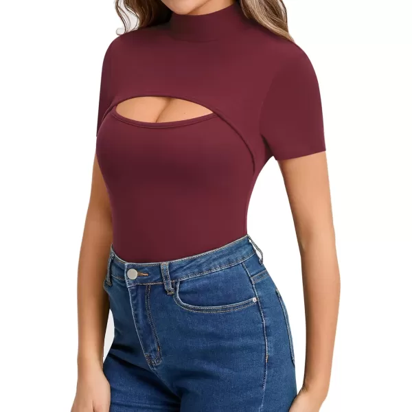 MANGOPOP Mock Neck Cutout Front T Shirt Long Sleeve Short Sleeve Bodysuit for WomenShort Sleeve Burgundy