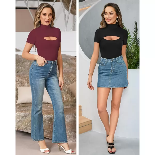 MANGOPOP Mock Neck Cutout Front T Shirt Long Sleeve Short Sleeve Bodysuit for WomenShort Sleeve Burgundy