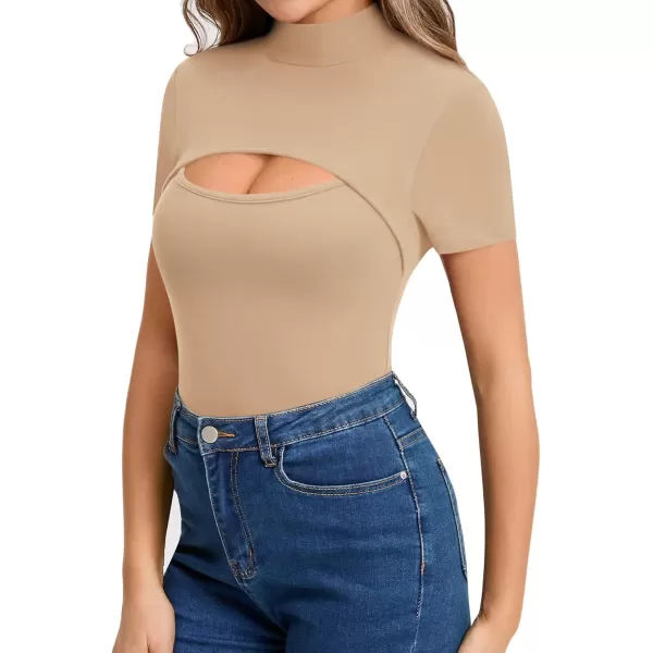 MANGOPOP Mock Neck Cutout Front T Shirt Long Sleeve Short Sleeve Bodysuit for WomenShort Sleeve Mocha