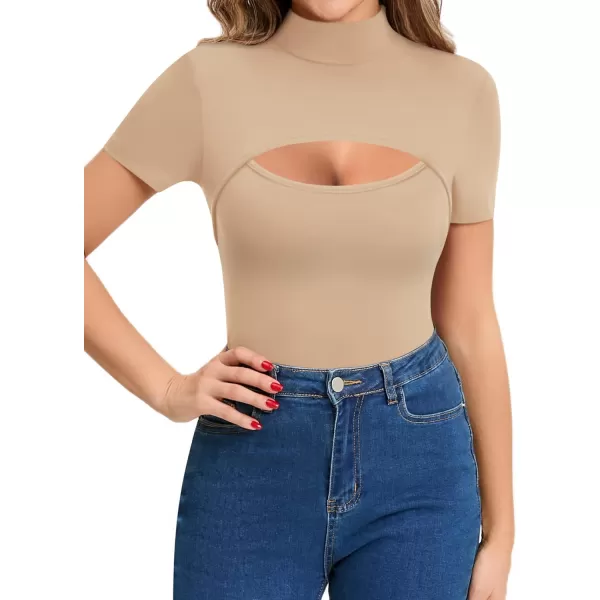 MANGOPOP Mock Neck Cutout Front T Shirt Long Sleeve Short Sleeve Bodysuit for WomenShort Sleeve Mocha