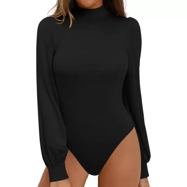 MANGOPOP Mock Neck Puff Sleeve Bodysuit Turtleneck Loose Lantern Long Sleeve Body Suit for Women for Going OutMock Neck Black