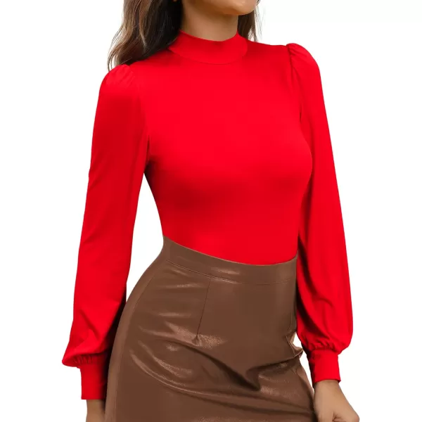 MANGOPOP Mock Neck Puff Sleeve Bodysuit Turtleneck Loose Lantern Long Sleeve Body Suit for Women for Going OutMock Neck Red