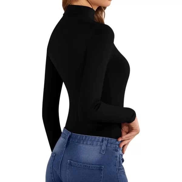 MANGOPOP Mock Neck Sexy Cutout Front T Shirt Short Sleeve Long Sleeve Bodysuit for WomenLong Sleeve Black