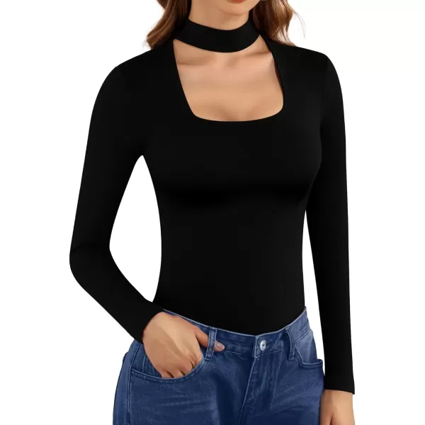 MANGOPOP Mock Neck Sexy Cutout Front T Shirt Short Sleeve Long Sleeve Bodysuit for WomenLong Sleeve Black