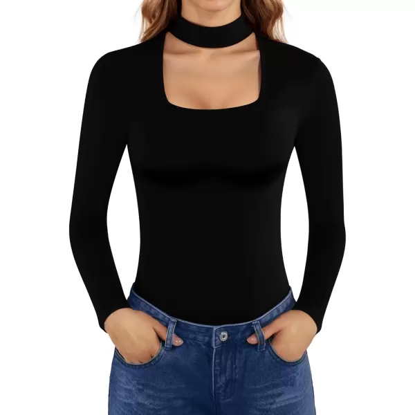 MANGOPOP Mock Neck Sexy Cutout Front T Shirt Short Sleeve Long Sleeve Bodysuit for WomenLong Sleeve Black