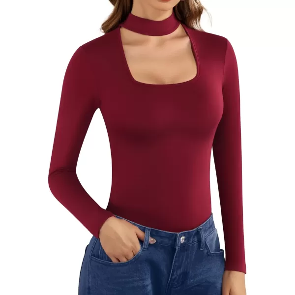 MANGOPOP Mock Neck Sexy Cutout Front T Shirt Short Sleeve Long Sleeve Bodysuit for WomenLong Sleeve Burgundy