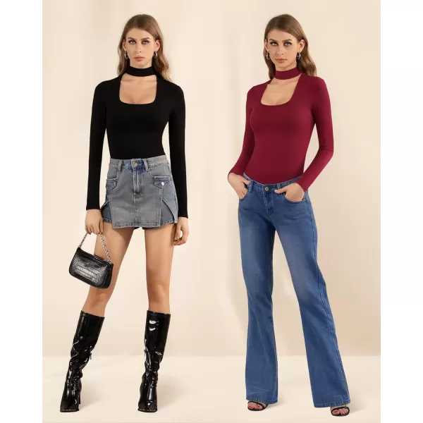 MANGOPOP Mock Neck Sexy Cutout Front T Shirt Short Sleeve Long Sleeve Bodysuit for WomenLong Sleeve Burgundy