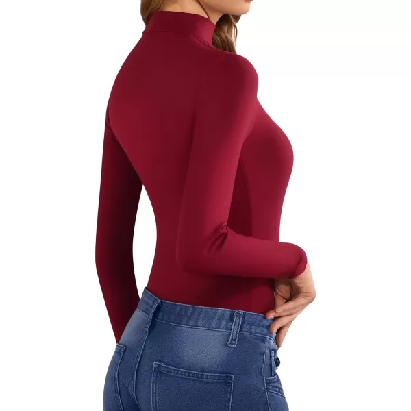 MANGOPOP Mock Neck Sexy Cutout Front T Shirt Short Sleeve Long Sleeve Bodysuit for WomenLong Sleeve Burgundy