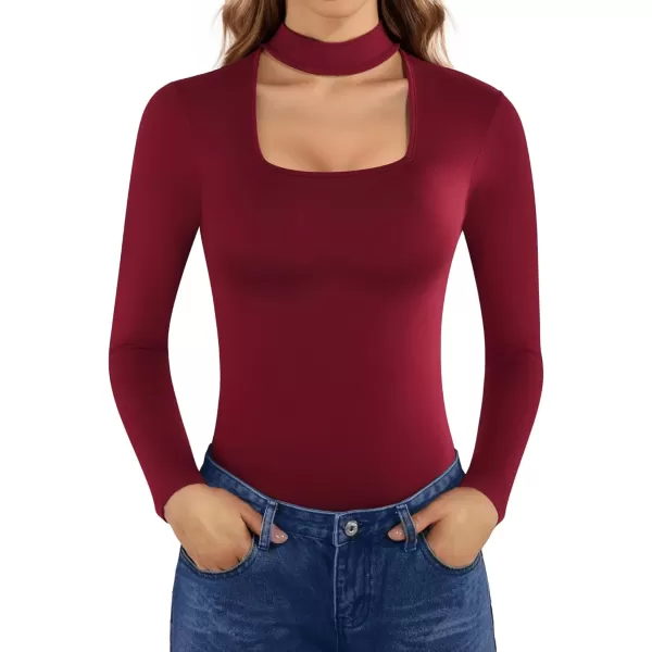 MANGOPOP Mock Neck Sexy Cutout Front T Shirt Short Sleeve Long Sleeve Bodysuit for WomenLong Sleeve Burgundy