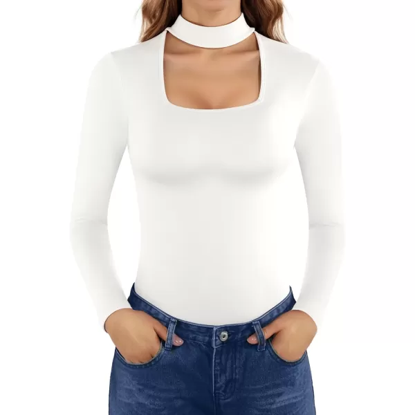 MANGOPOP Mock Neck Sexy Cutout Front T Shirt Short Sleeve Long Sleeve Bodysuit for WomenLong Sleeve White